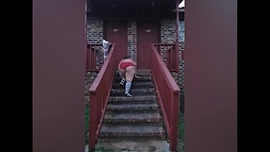 Outdoor stairs yoga in panties